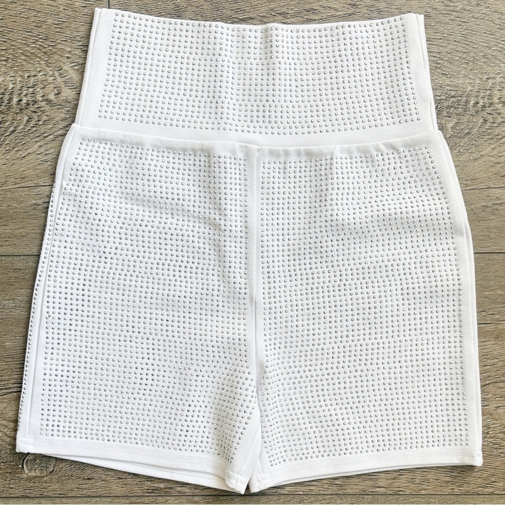 I.AM.GIA White High Waist Rhinestone Studded Bike Shorts Workout Athletic Glam